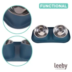 Leeby Comedouro Duplo de Metal Azul para cães