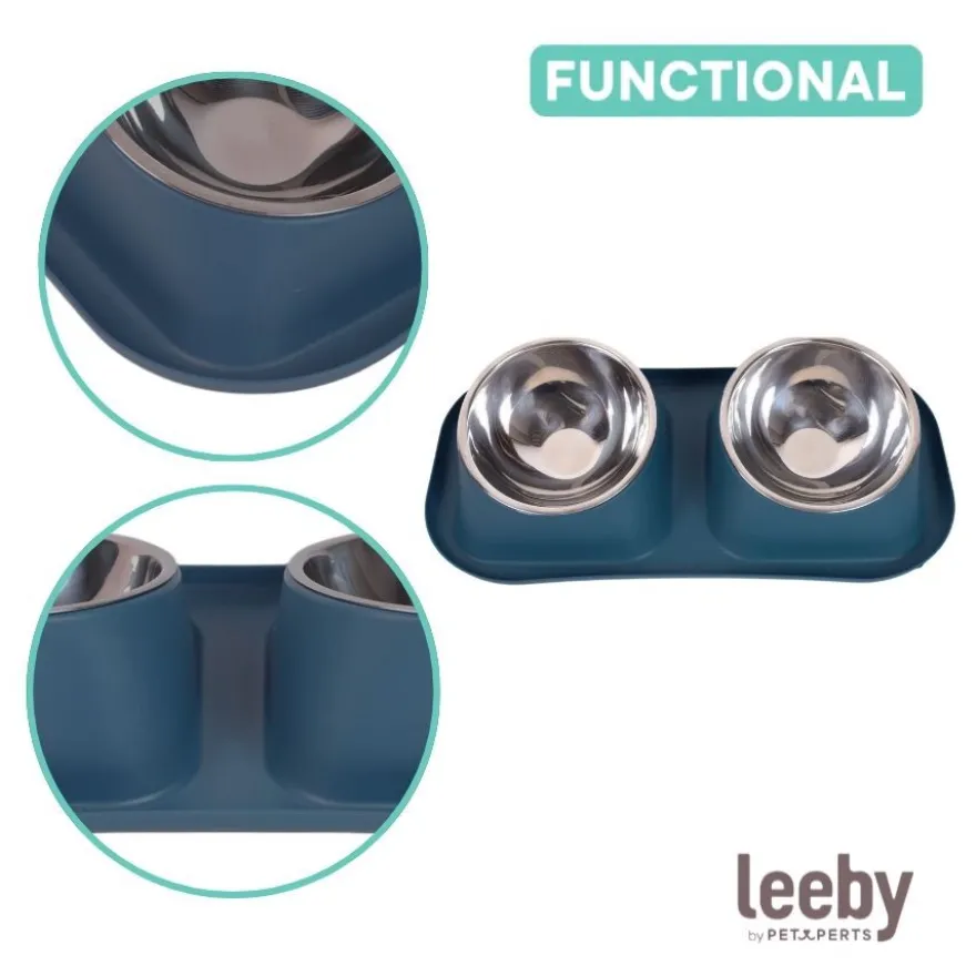 Leeby Comedouro Duplo de Metal Azul para cães