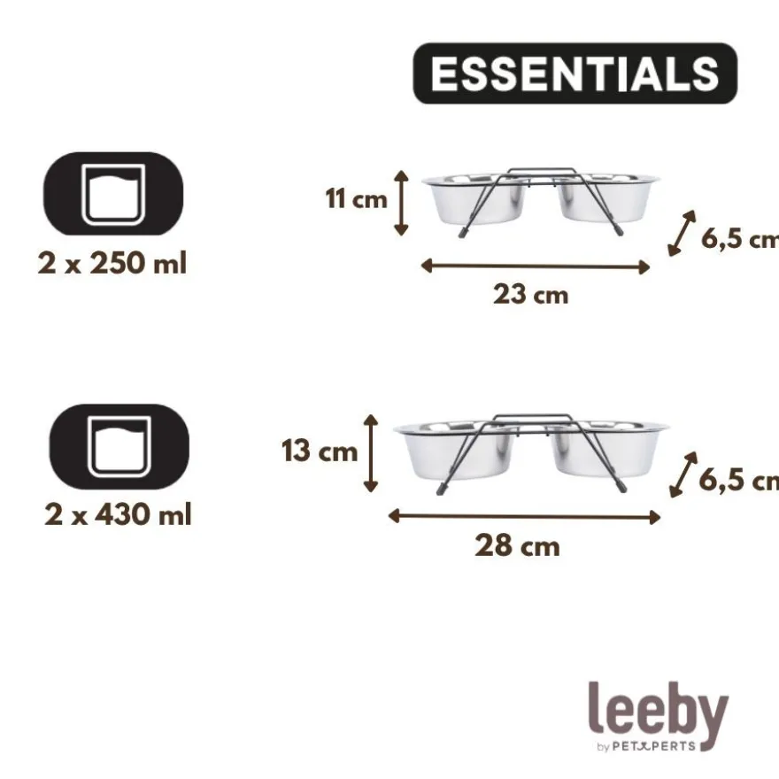 Leeby Comedouro Duplo em Aço Inoxidável com Suporte para cães e gatos
